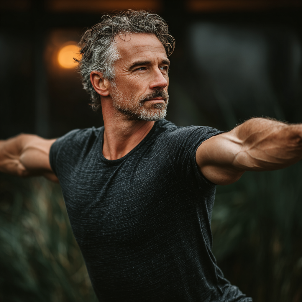 Mature man in his early 50s practicing yoga warrior pose outdoors, demonstrating strength and balance in natural environment with focused expression