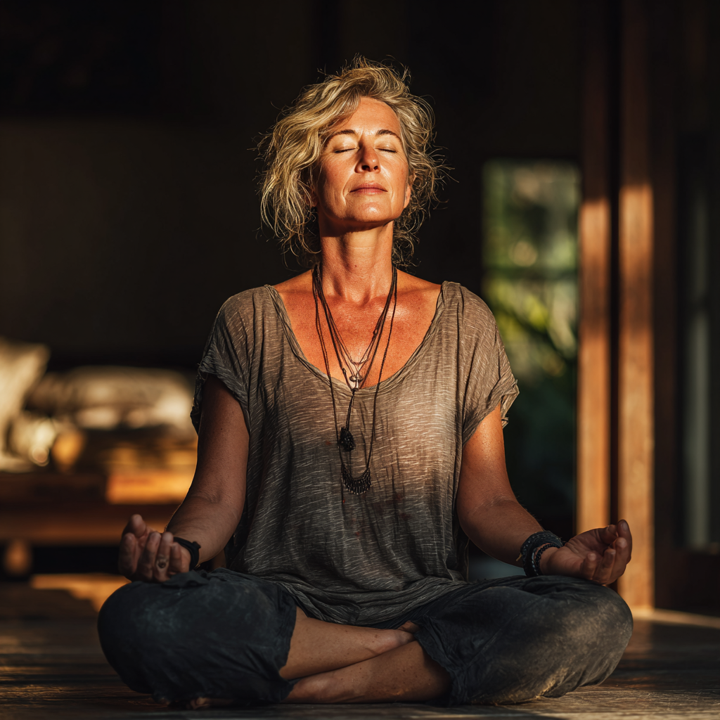Peaceful middle-aged woman in her 40s practicing yoga in meditation pose, sitting cross-legged with closed eyes in serene natural lighting